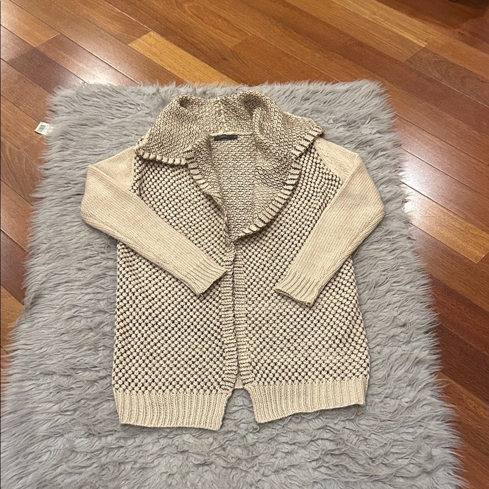 THML Textured Knit Beige And Brown Open‎ Wool Cardigan